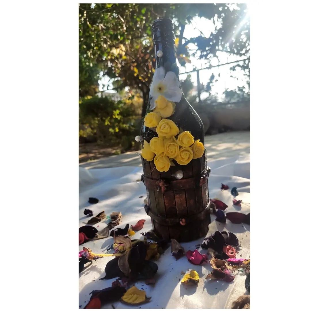 “Black is the New Yellow” – Handmade Floral Bottle Art