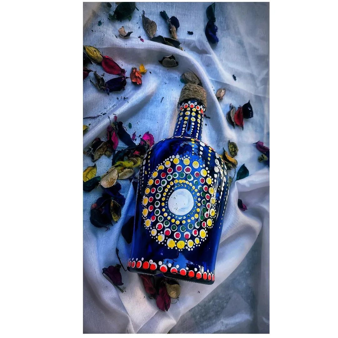 Hand-Painted Mandala Art Bottle – Boho Chic Decor in Deep Blue