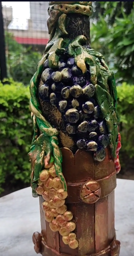Vintage Grape Harvest Bottle Art – Handcrafted Decorative Wine Bottle
